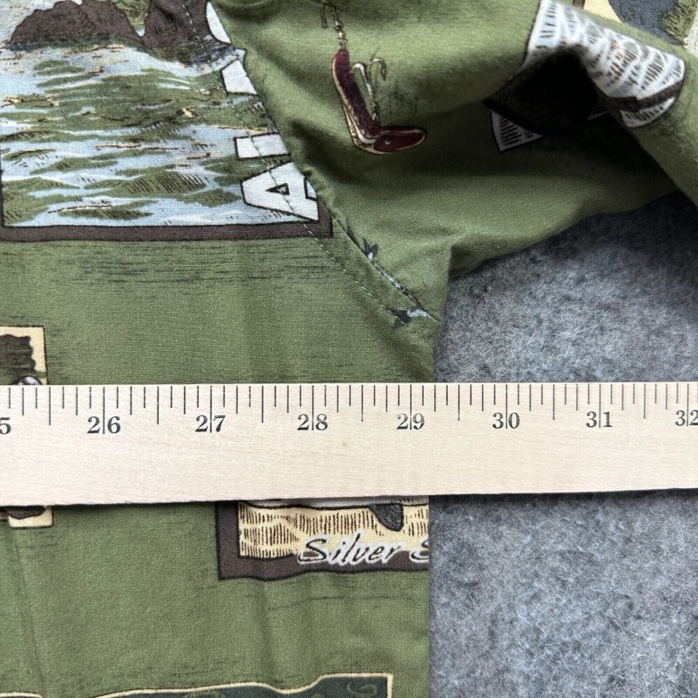 David Carey Camp Shirt Men 2XL Green Alaska Print Fish Graphic Short Sleeve - Picture 8 of 11